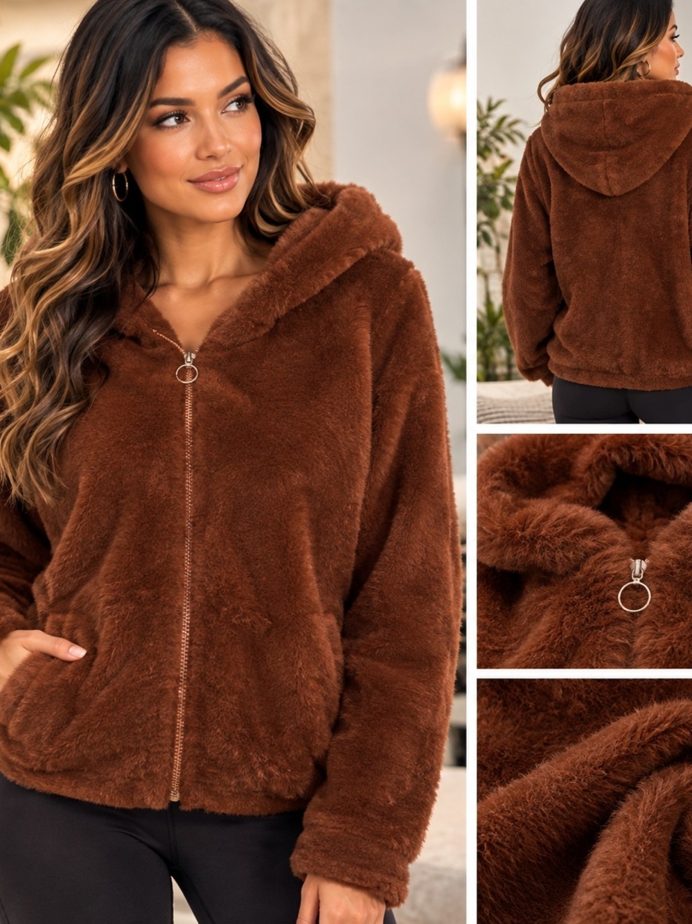 Fashion Nova Women’s Brown Faux Fur Hooded Sweater Jacket Sz M